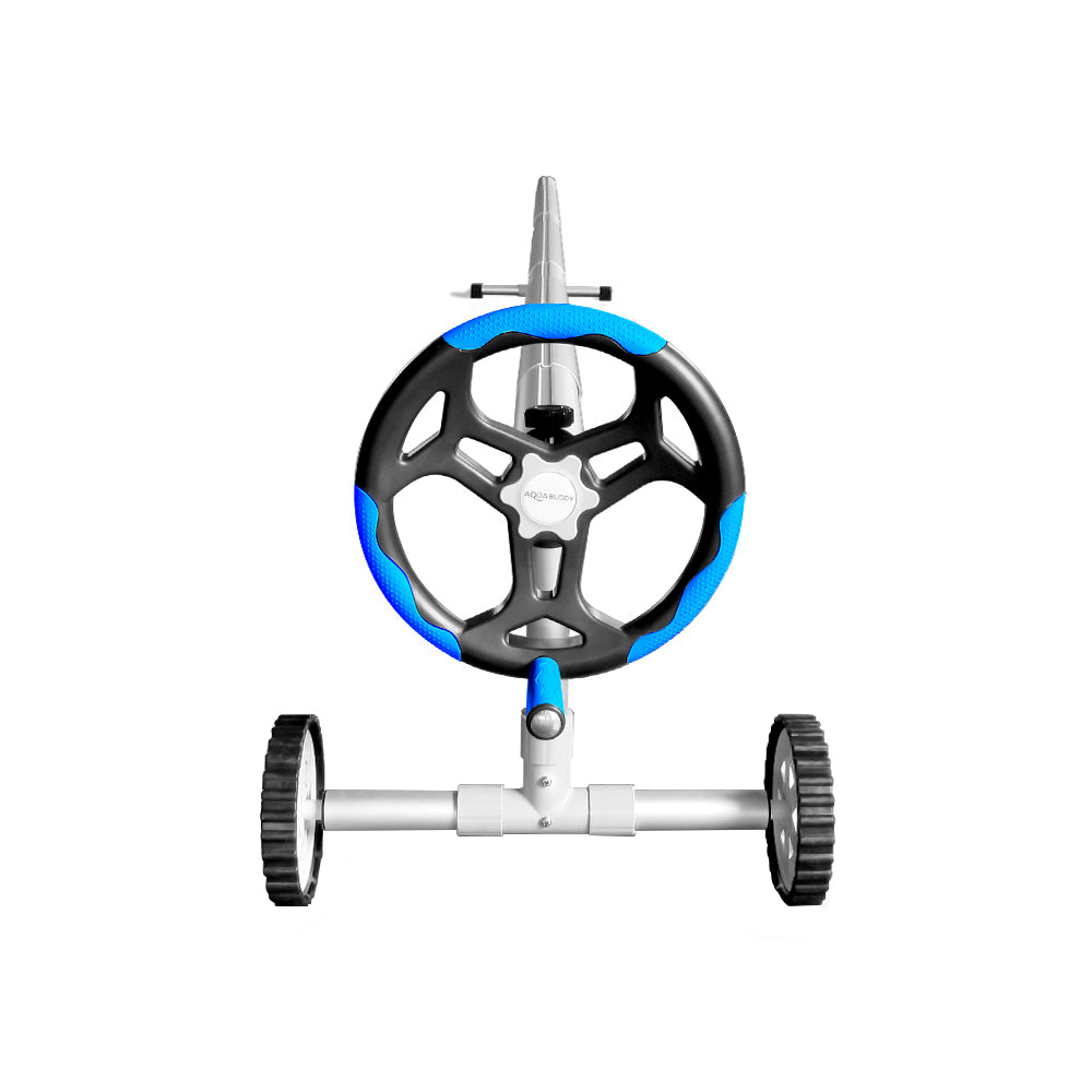 Aquabuddy 8x4.2m Pool Cover Roller Combo featuring a durable aluminium roller and a blue and silver solar blanket for effective pool maintenance.